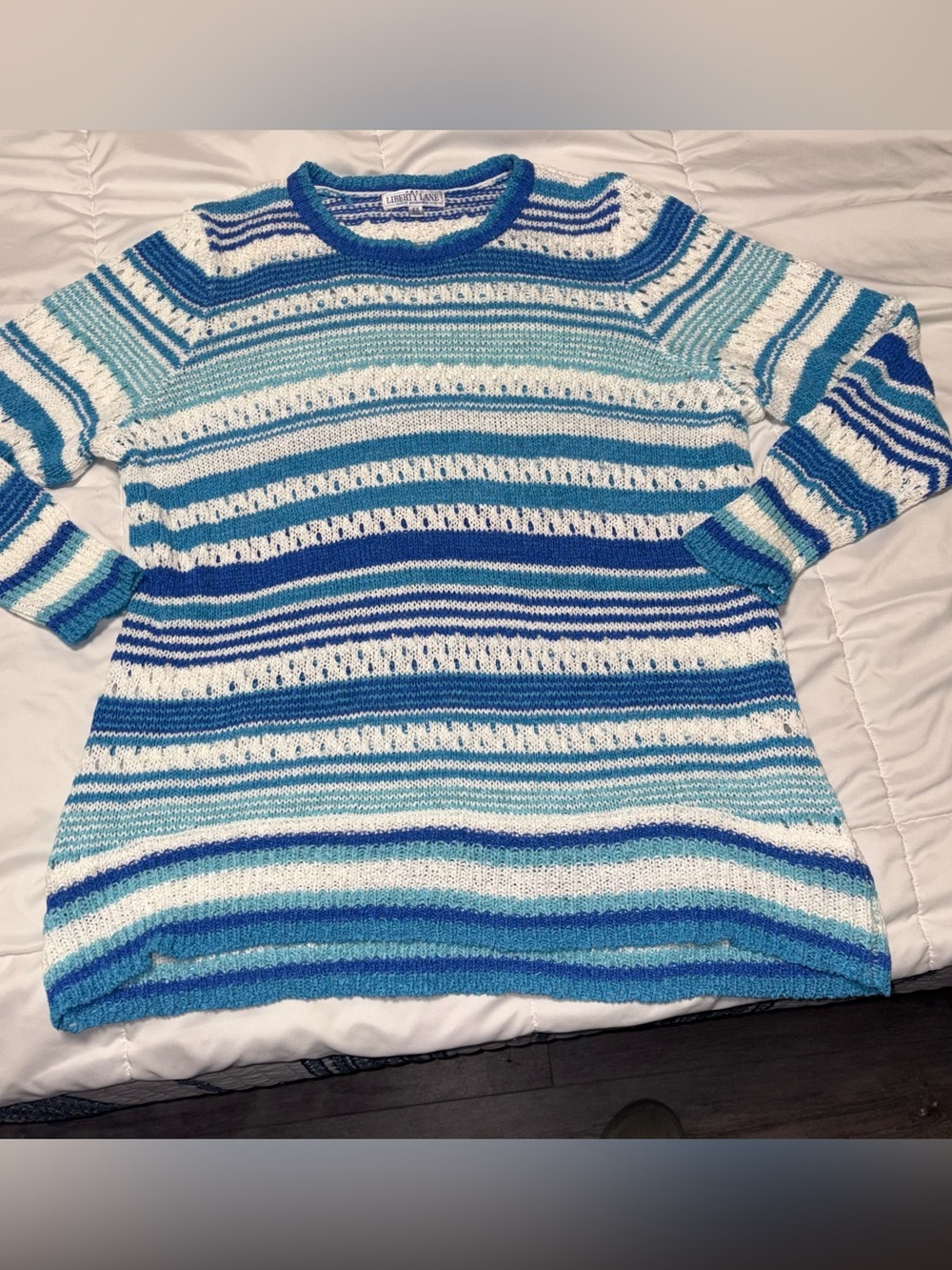 2X Vintage Liberty Lane Open Knit Crewneck Sweater Blue White Stripe Oversized